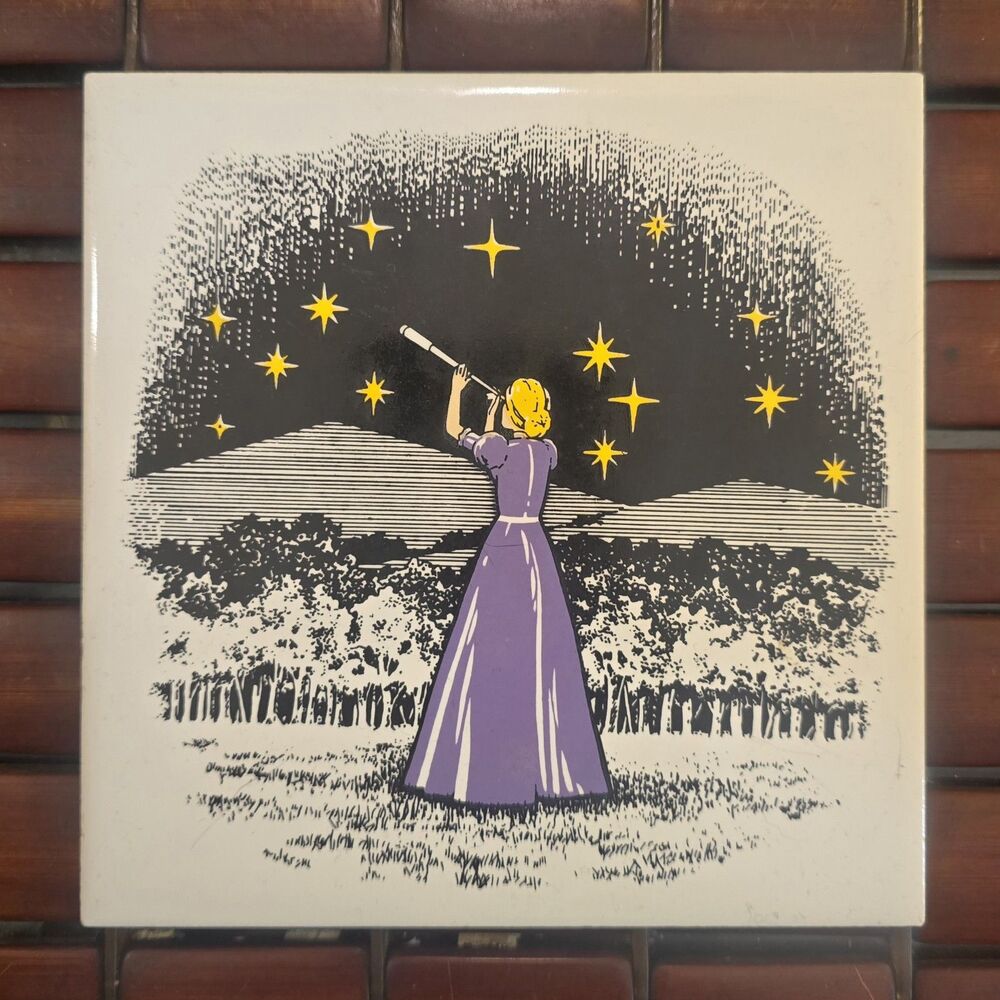 Woman Astronomer w/ Telescope Ceramic Tile Trivet 6"x6" Stargazing Astrology